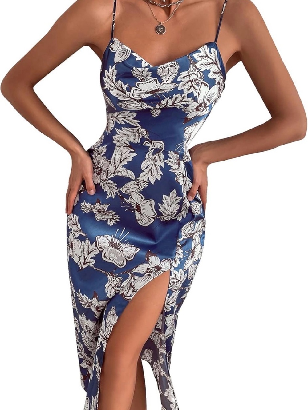Blue Floral Slip Midi Dress with Side Slit - Women's